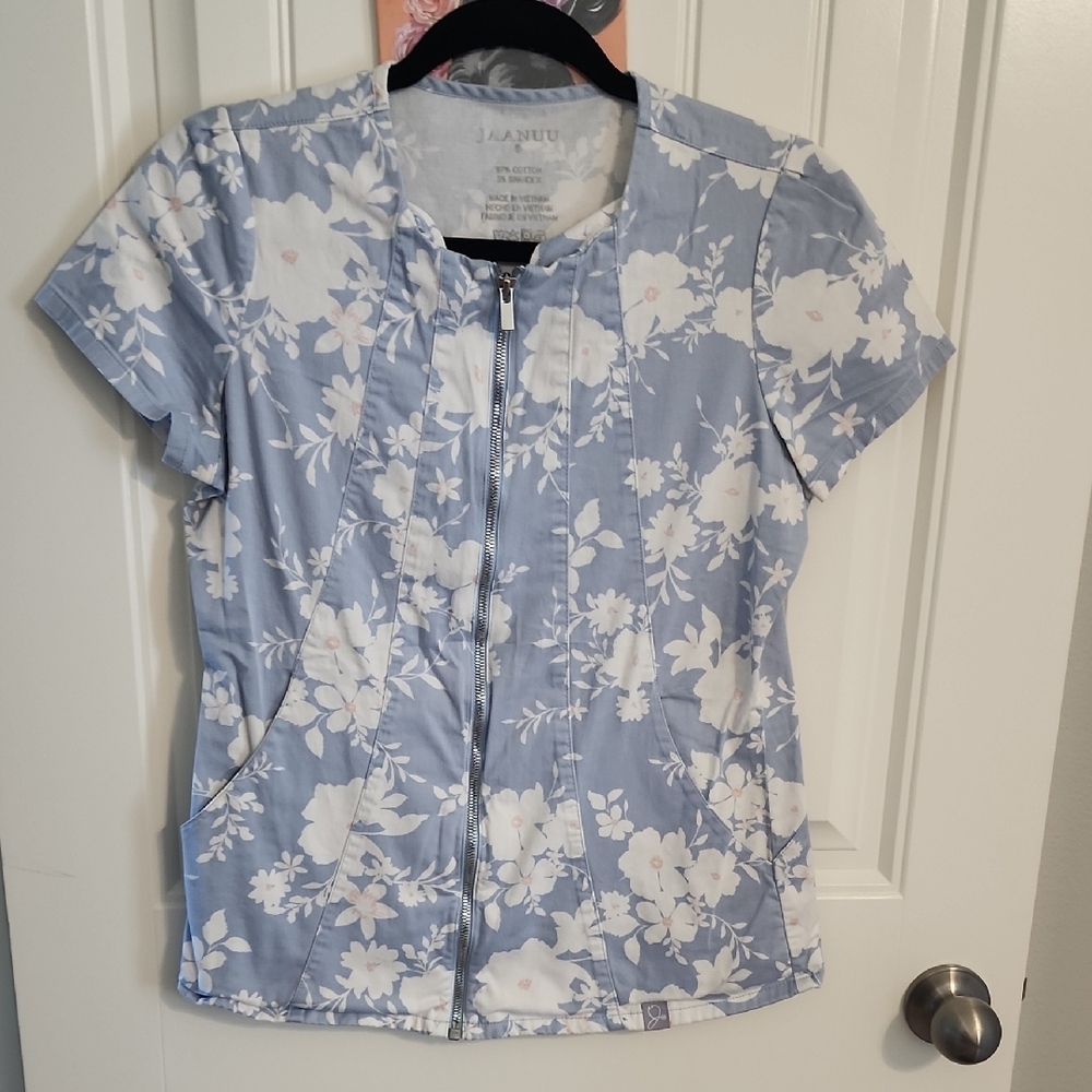 Floral Zip-Up Top in Blue and White Scrub Top